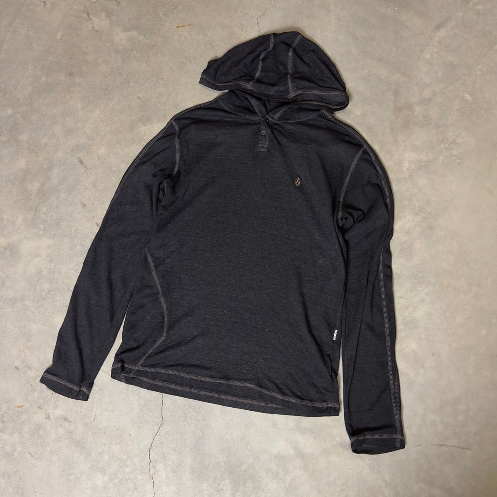 Volcom Henley Thermal Hoodie Mens Medium‎ Black Waffle Knit Streetwear Skate